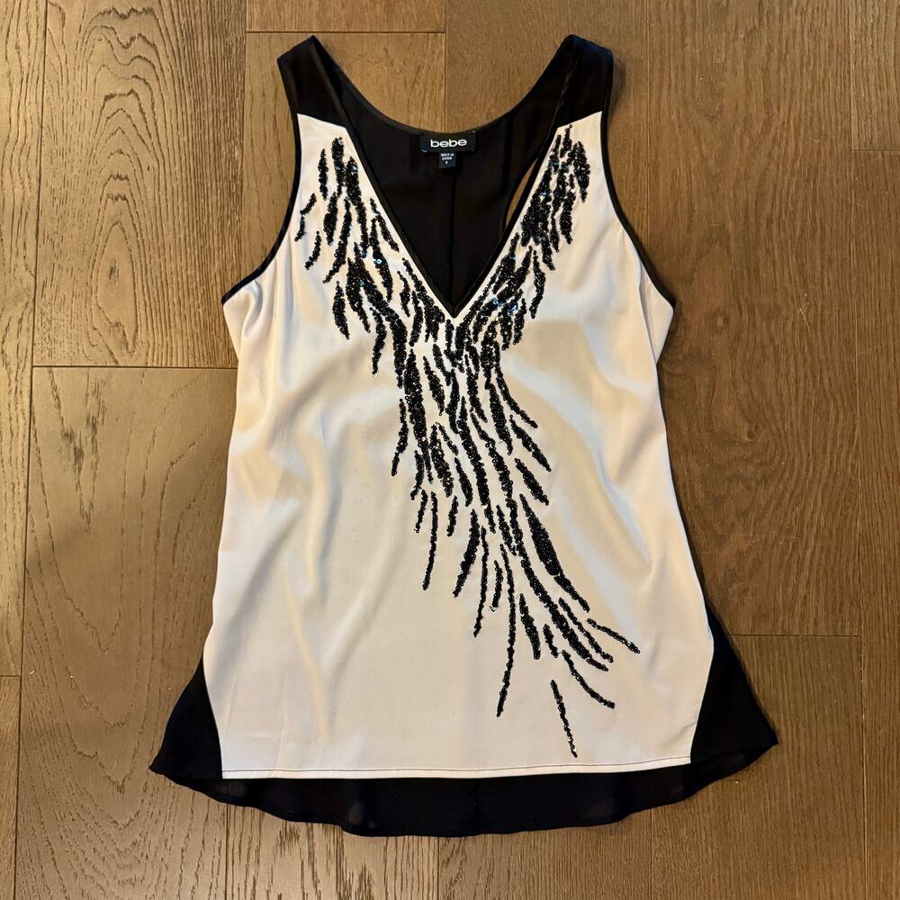 Vtg Bebe Y2K Silk Tank Top S Black Ivory Sequin Embellished Plunge V-Neck